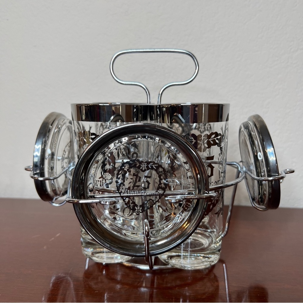 Vintage 25th Anniversay Silver Tone Tumbler & Coasters Set & Caddy 9 Piece Set